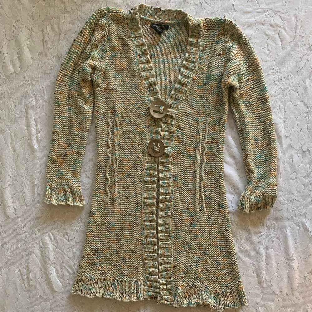 BCBGMAXAZRIA Long Cardigan Multicolor With Wooden Buttons Size Med